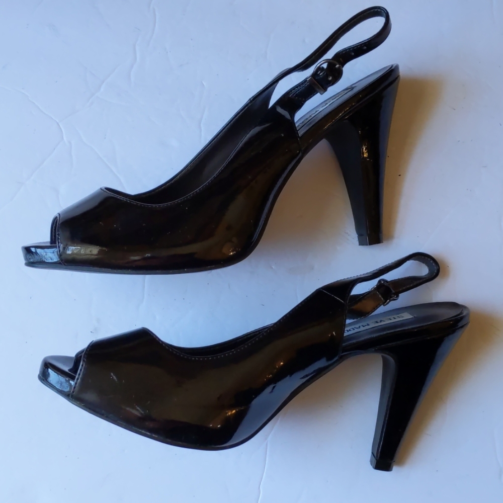 Steve Madden Black Patent Peep-Toe Slingback Heels - Picture 5 of 7